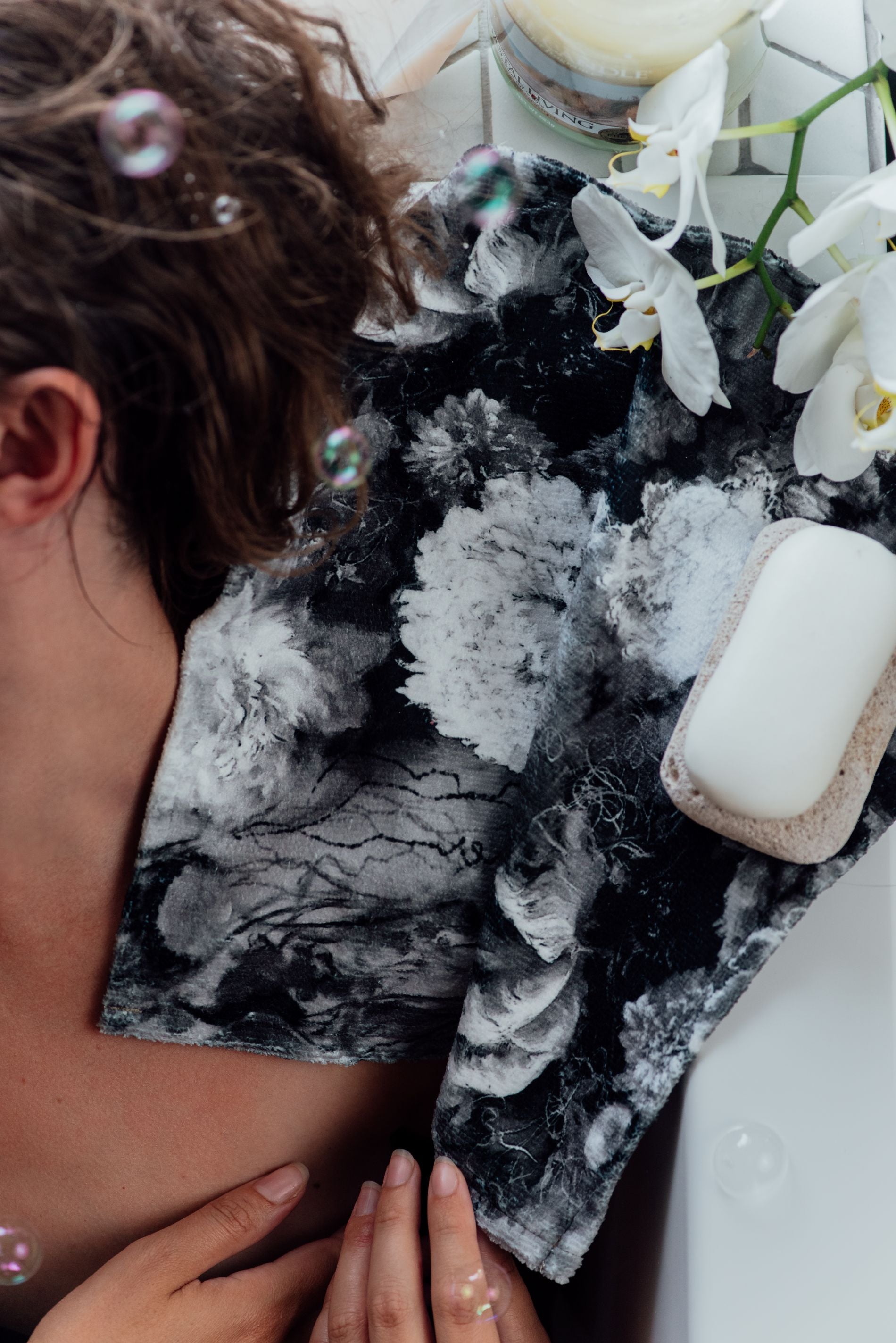 Face Towel- Black and White Florals